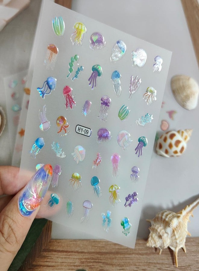 OSTTMA 12Sheets Summer Nail Art Stickers Shell Starfish Nail Stickers Cute Jellyfish Mermaid Nail Art Design 3D Self Adhesive Marine Life Nail Decals Summer Sea Theme Nail Supplies for Women Manicure Decor - Image 4